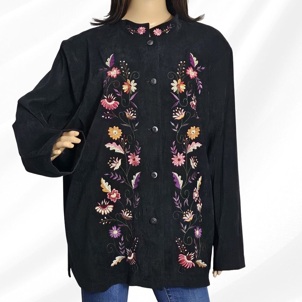 2/$50 Susan Graver Black Embroidered Floral Top 2X Padded Shoulders - Picture 1 of 6